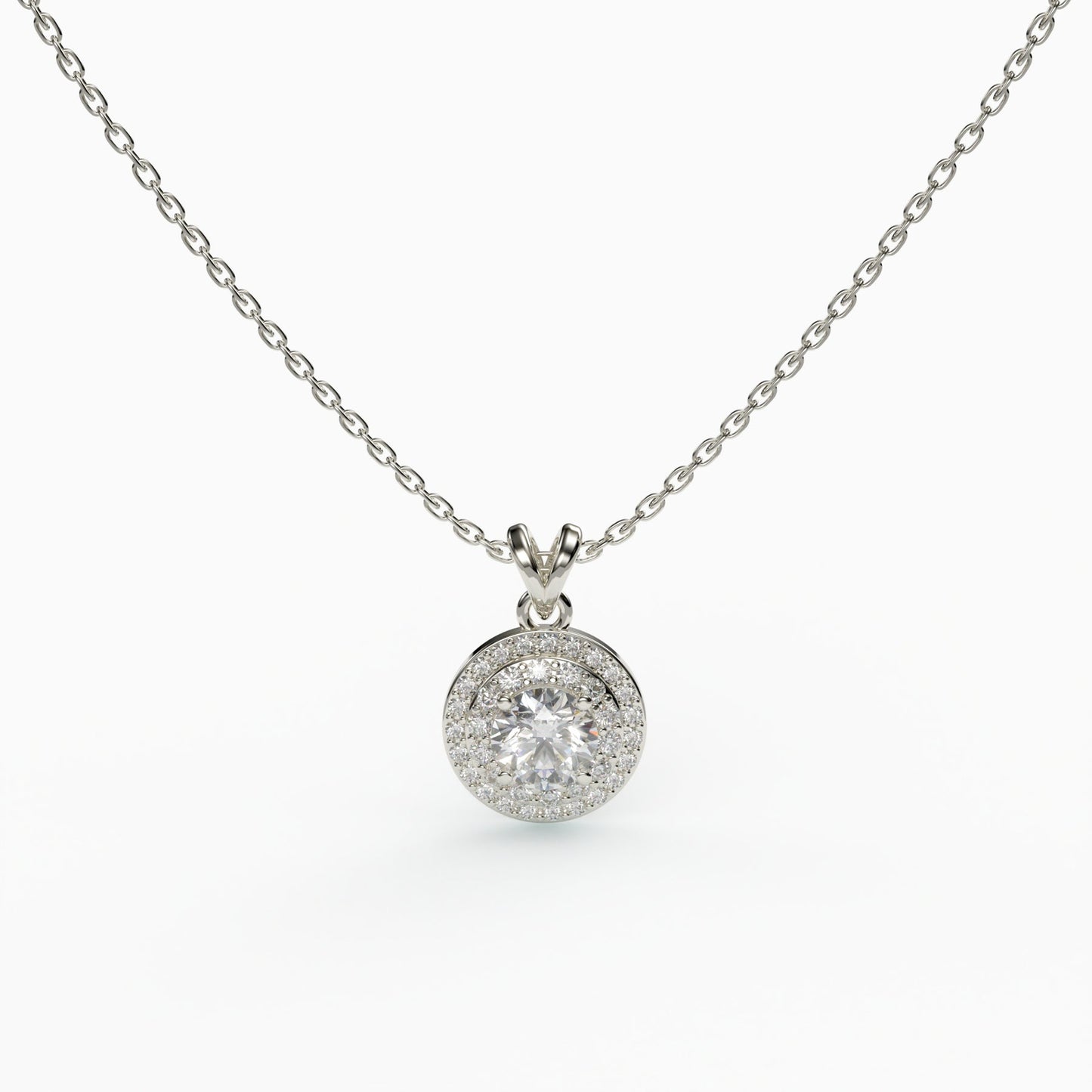 Double Halo Round Necklace, 925 Sterling Silver