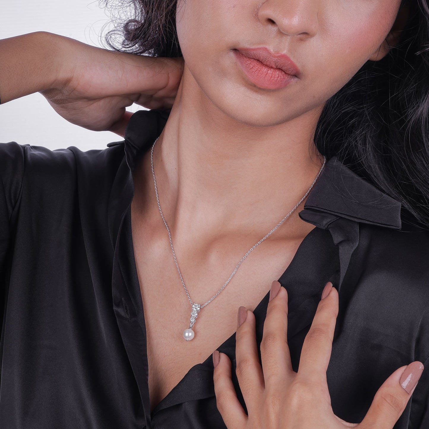 Pearl 3 Stone Necklace , 925 Sterling Silver