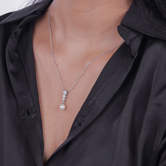 Pearl 3 Stone Necklace , 925 Sterling Silver