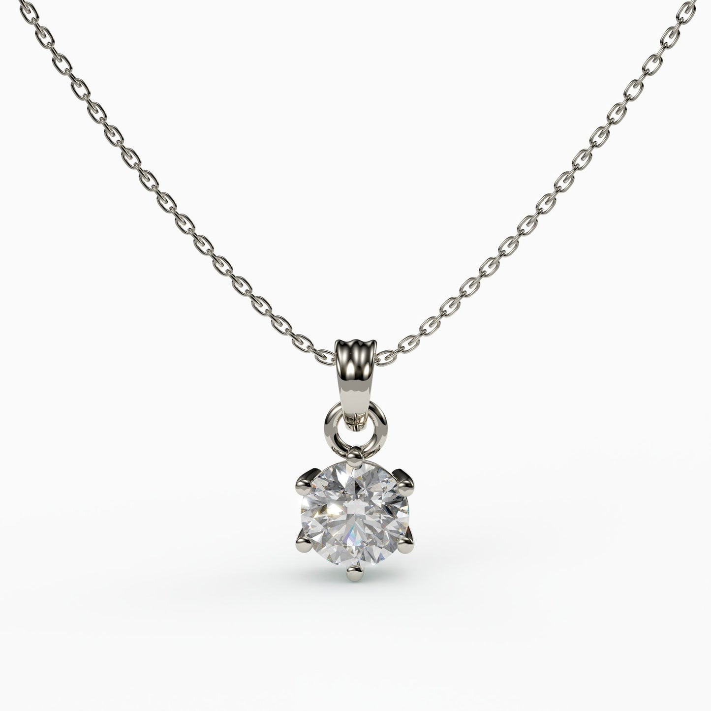 Round Cut 6-Prong Solitaire Pendant Necklace,  925 Sterling Silver