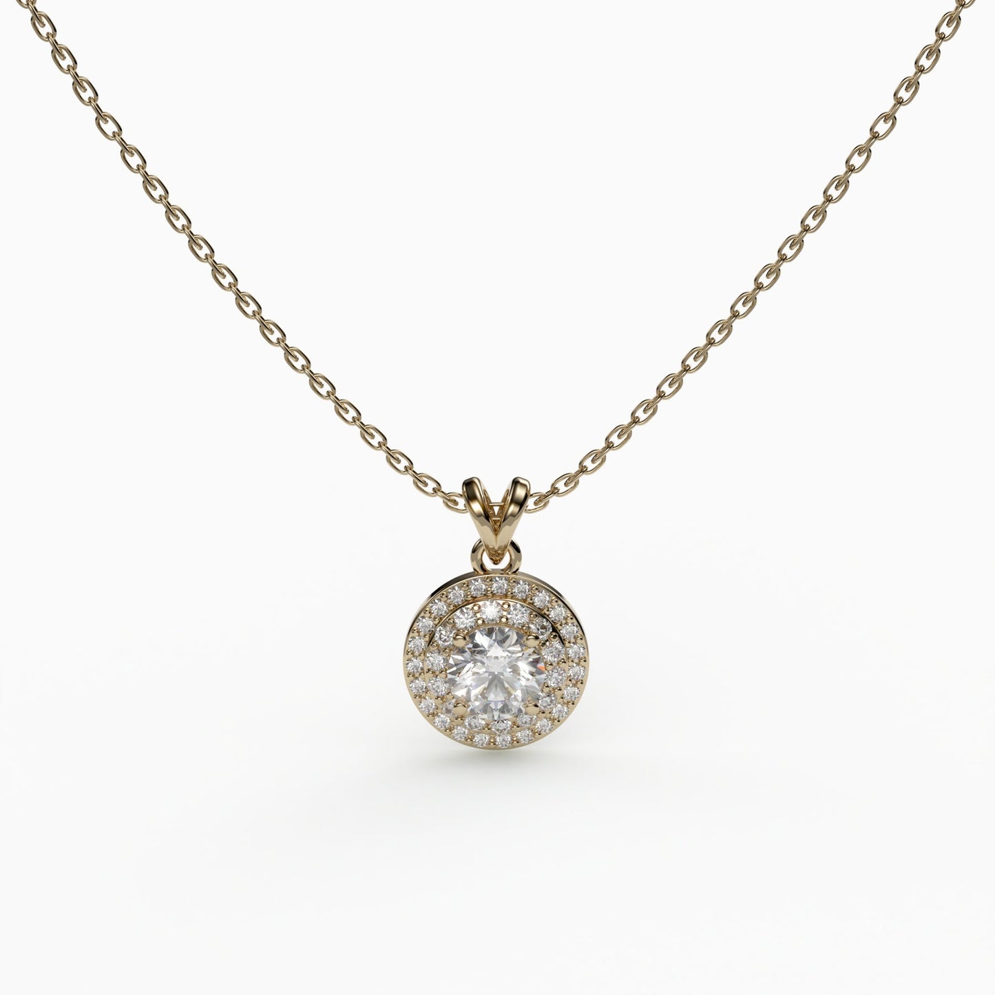 Double Halo Round Cut Simulated Diamond Gold Plated Necklace, 925 Sterling Silver