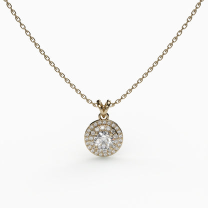 Double Halo Round Cut Simulated Diamond Gold Plated Necklace, 925 Sterling Silver