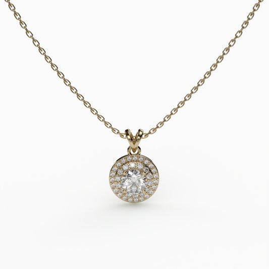 Double Halo Round Cut Simulated Diamond Gold Plated Necklace, 925 Sterling Silver