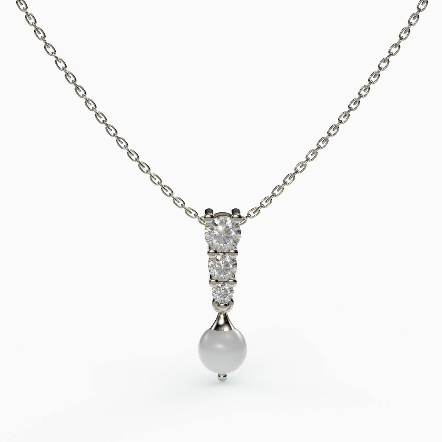 Pearl 3 Stone Round Diamond Necklace , 925 Sterling Silver