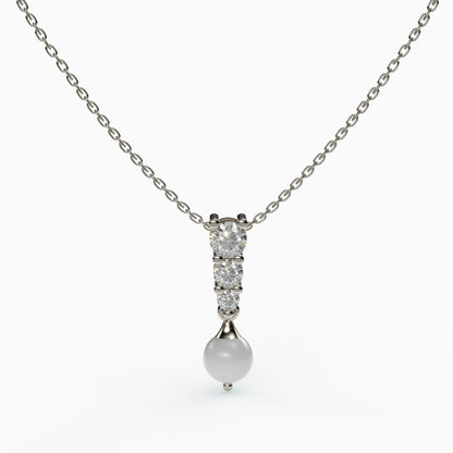 Pearl 3 Stone Round Diamond Necklace , 925 Sterling Silver